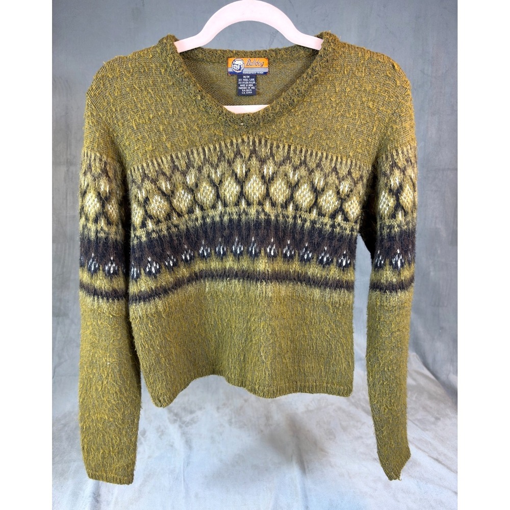 90's Bulldog Greta Geo Sweater V Neck Green Wool/Nylon Cobain Grunge Worn